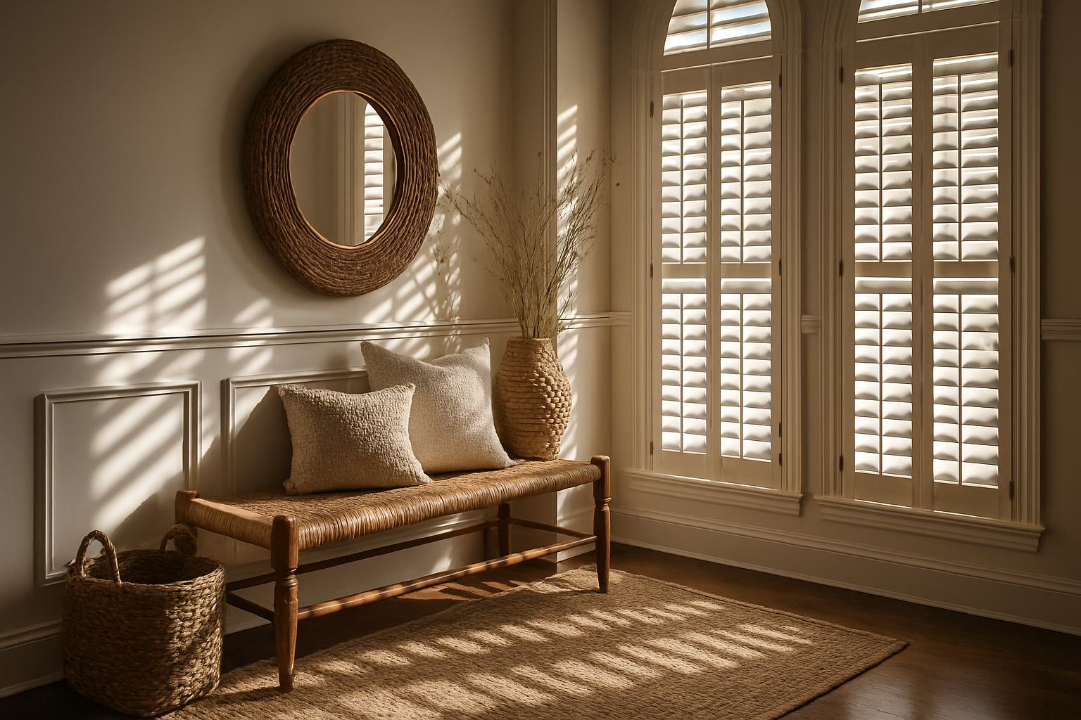 White custom plantation shutters in a sunlit entry of a finished California home, with a woven bench and warm wood floors