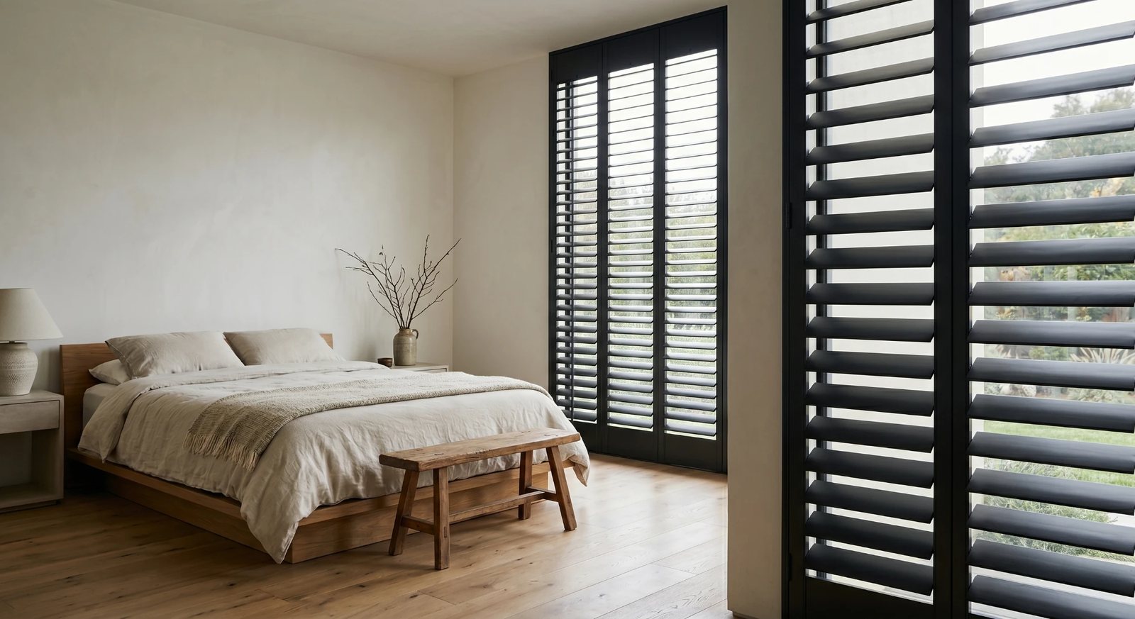 Contemporary black custom shutters with wide louvers on floor-to-ceiling bedroom windows