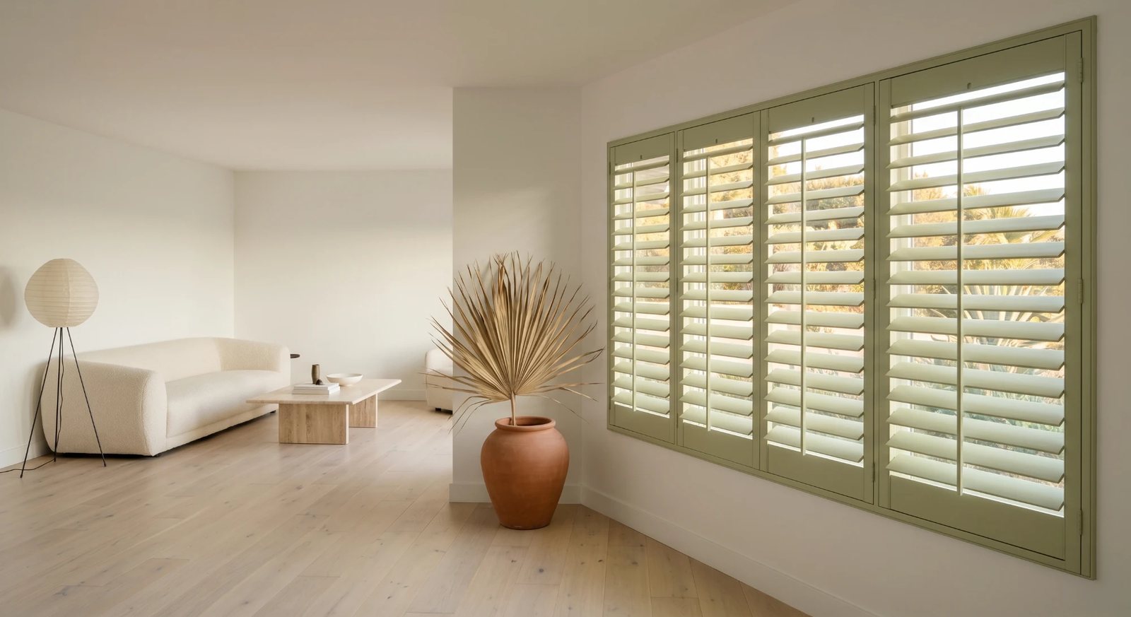 Wide-louver custom shutters in a sage green finish in a mid-century ranch living room