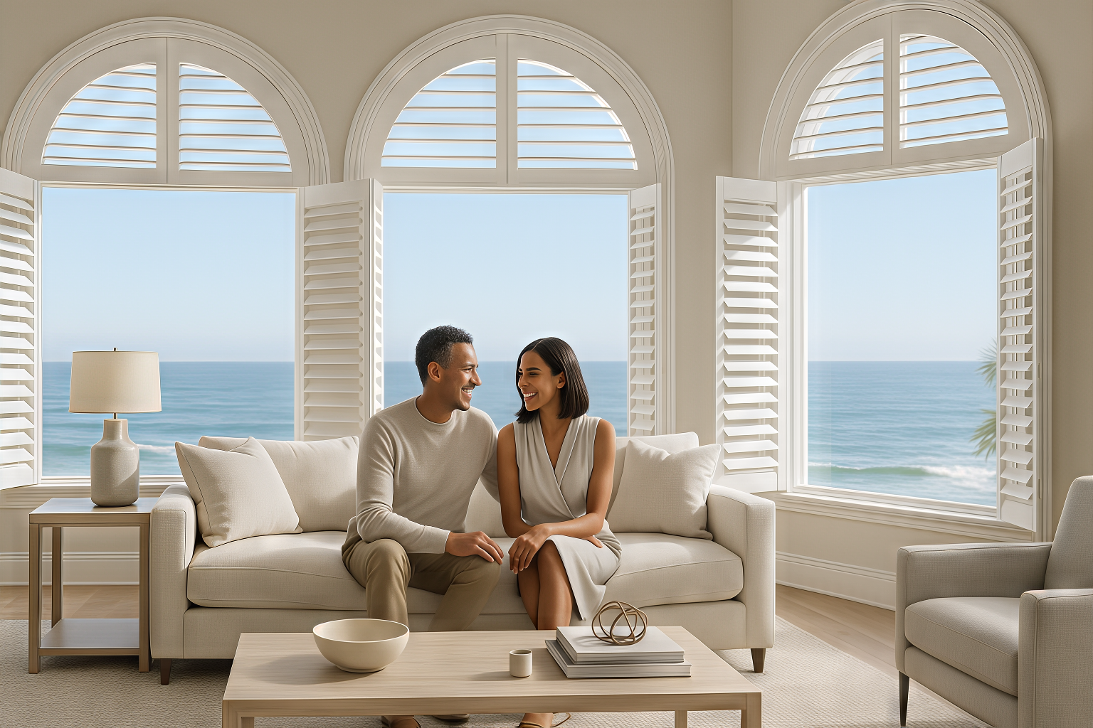 Custom arched white plantation shutters in a finished California living room, installed close to move-in