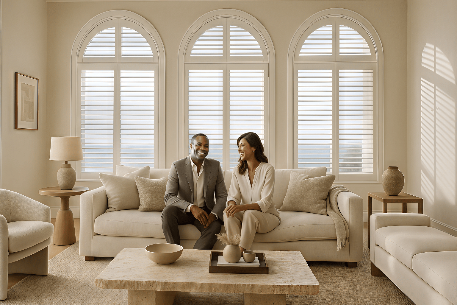 White custom plantation shutters installed in a newly finished California home interior with fresh paint and natural light
