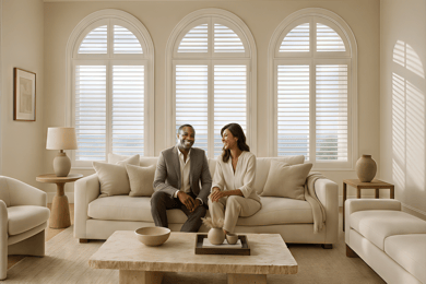 White plantation shutters in a modern living room