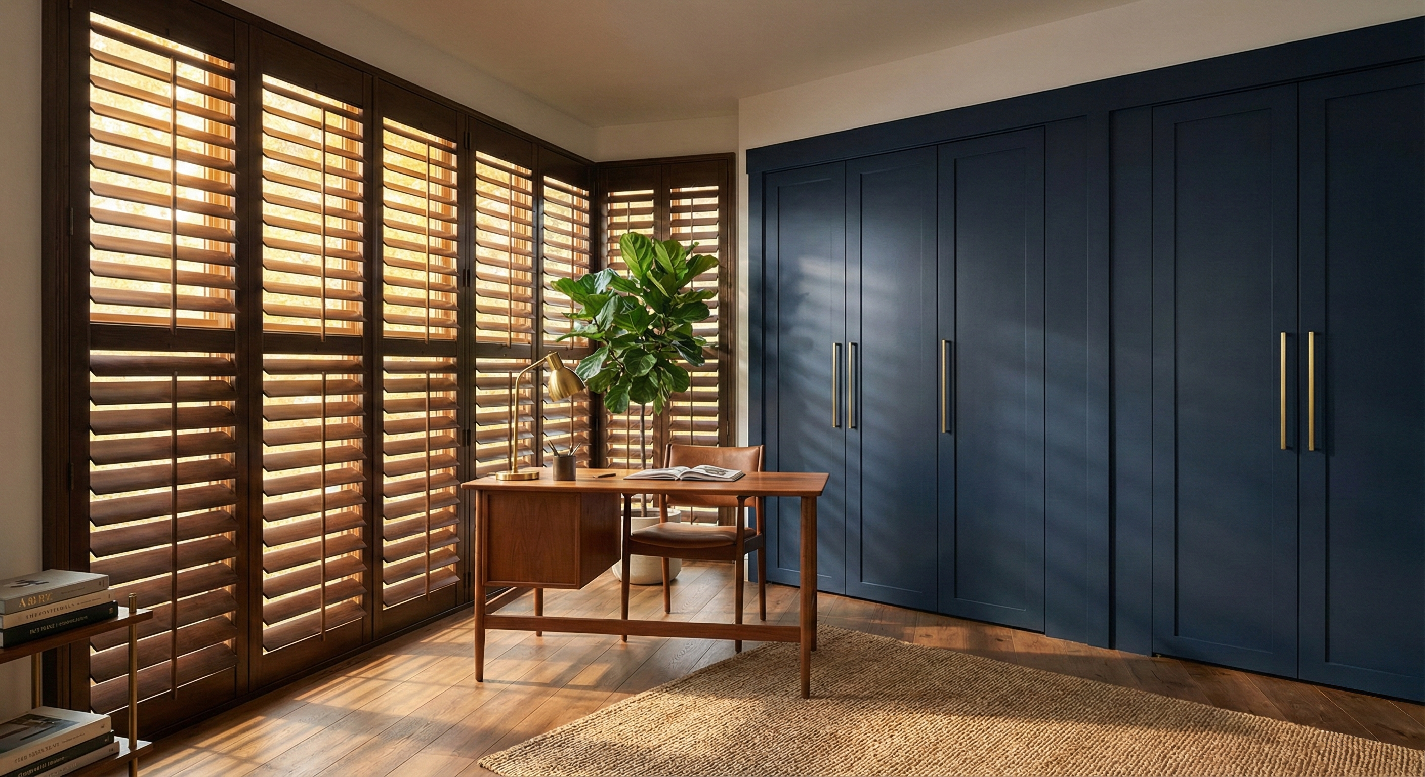 Stained whole basswood plantation shutters with 3.5-inch louvers in a Craftsman bungalow living room in the San Gabriel Valley