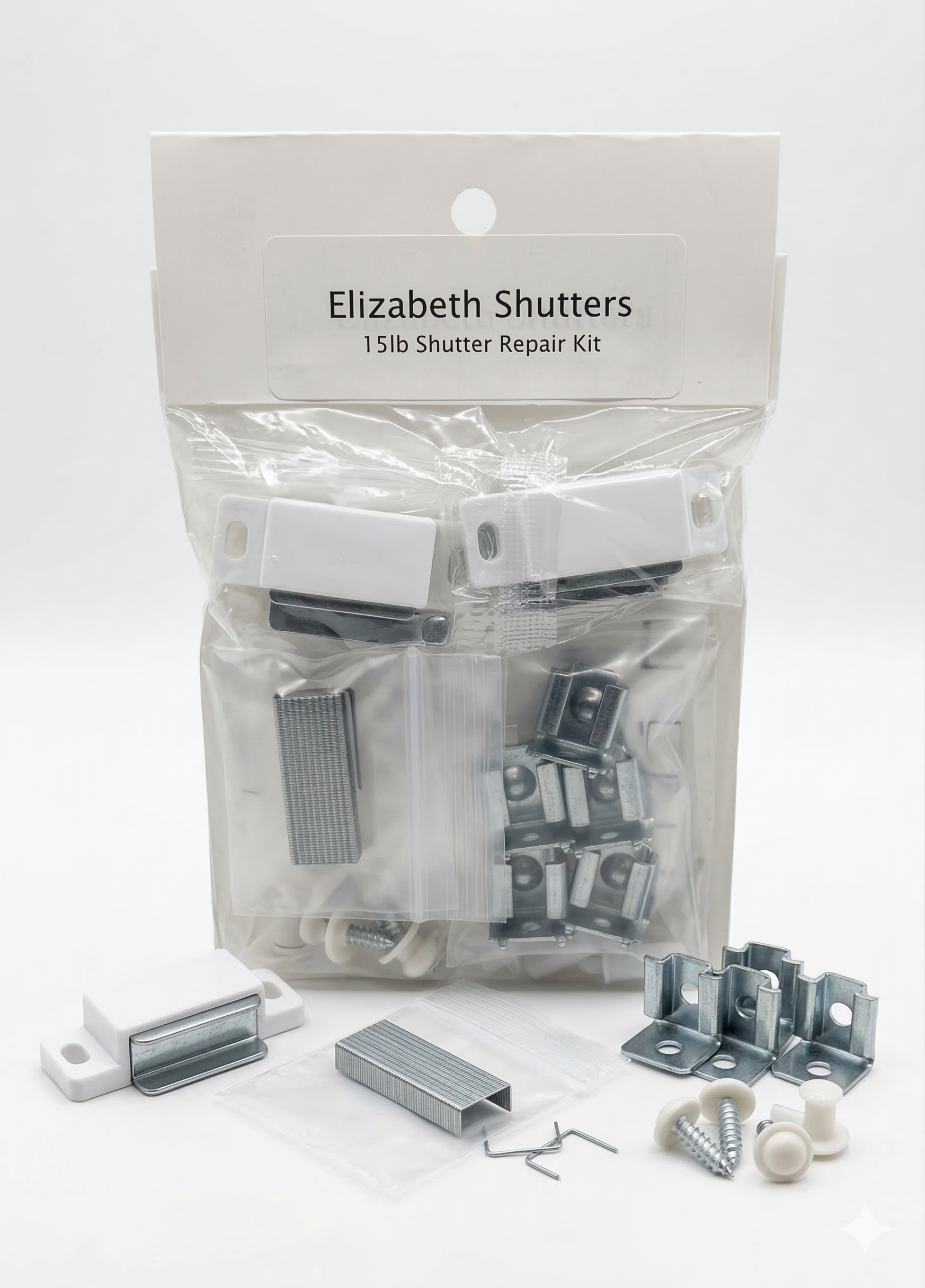 15 lb shutter repair kit with pins, clips, catches, staples, magnets, screws, and hinges