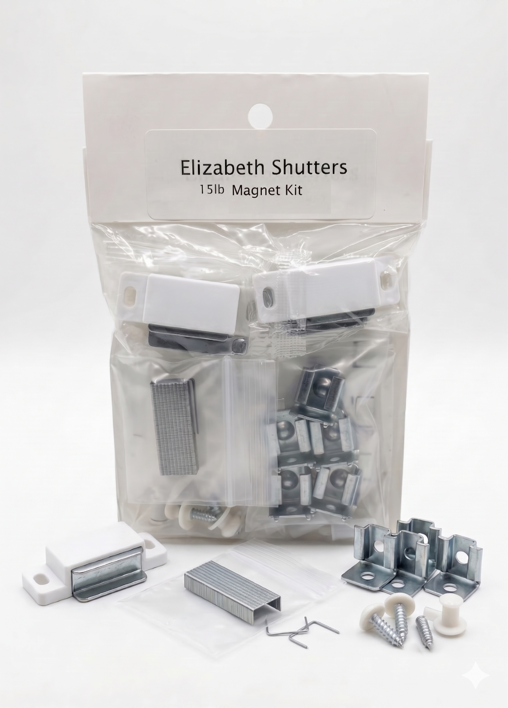 15 lb magnet kit with magnets, magnet catches, and screws for plantation shutters