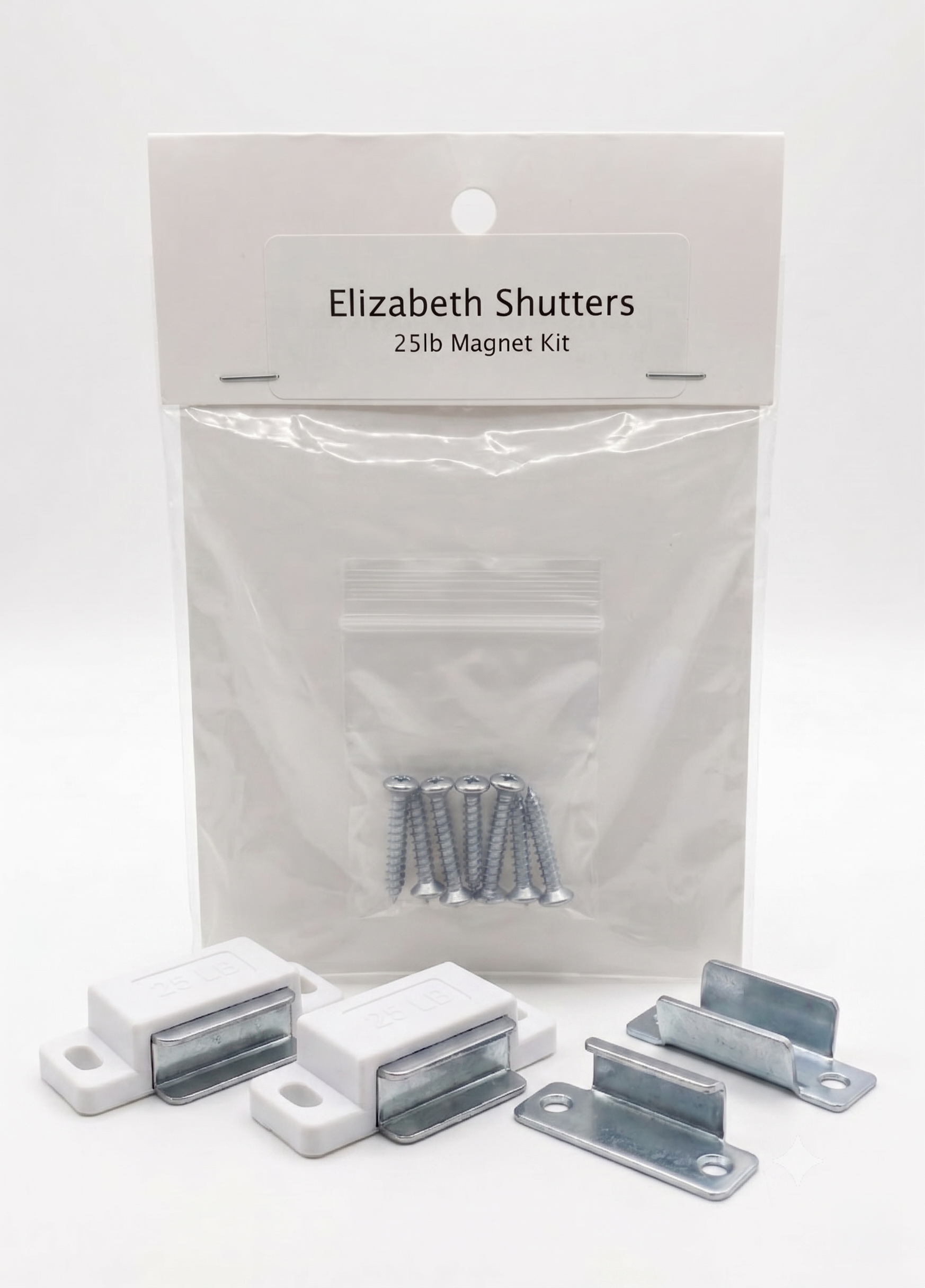 25 lb magnet kit with heavy-duty magnets, magnet catches, and screws for plantation shutters