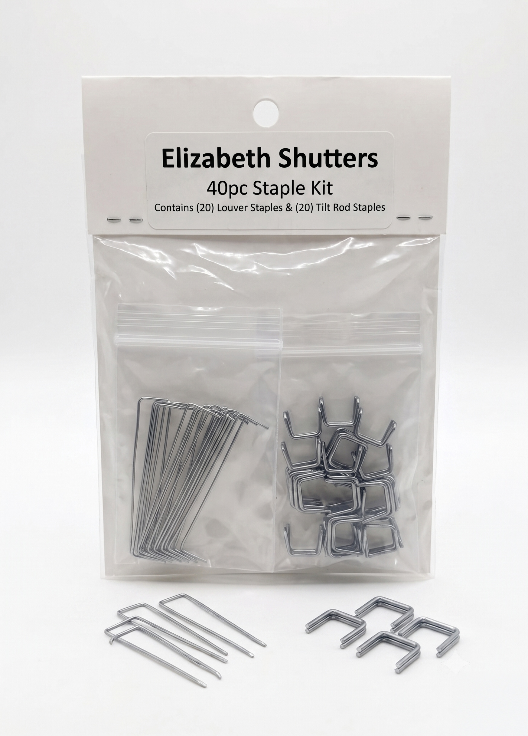 40-piece staple kit with louver staples and tilt rod staples for wood shutters