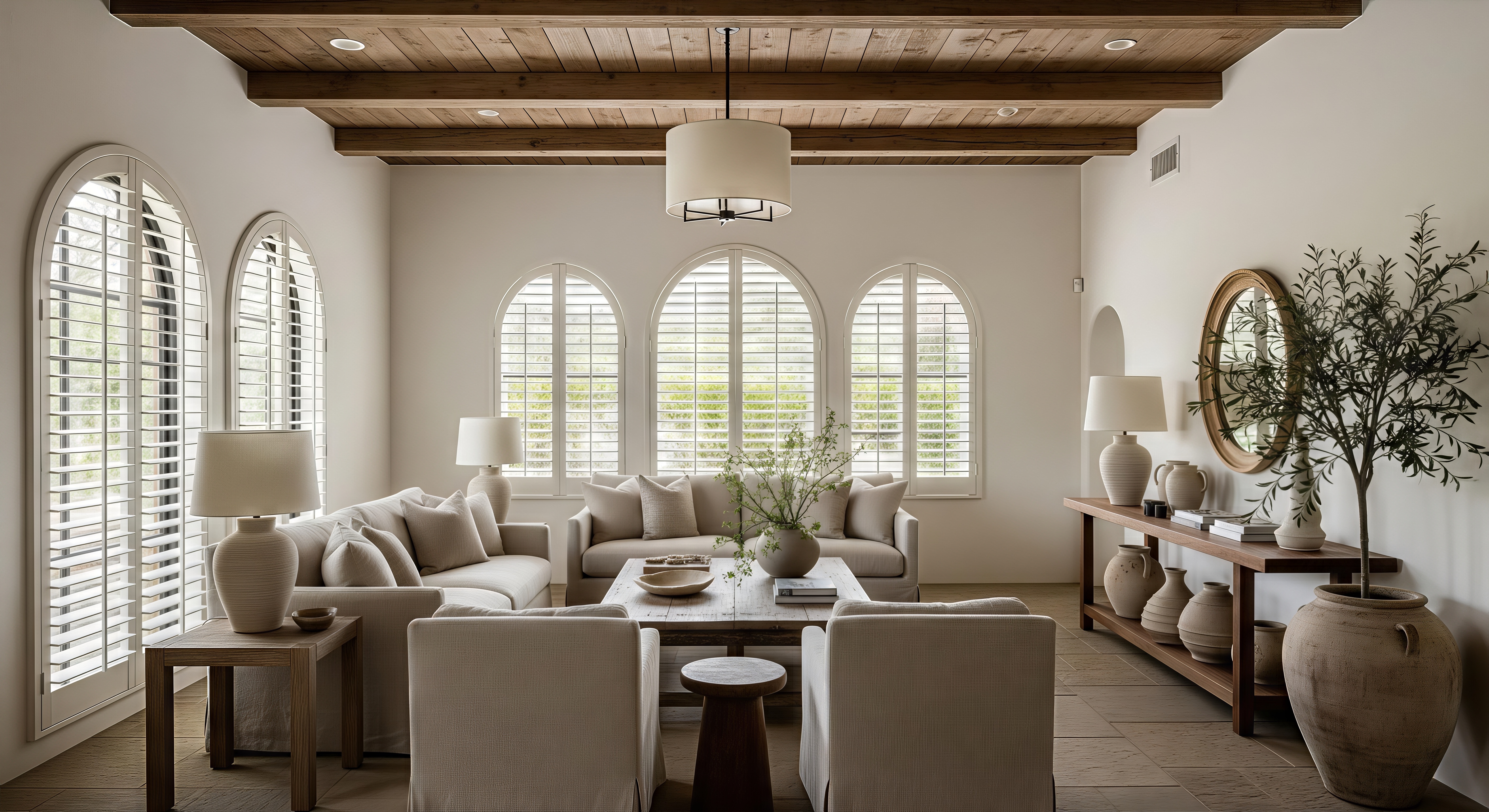 Custom white plantation shutters in Sacramento living room