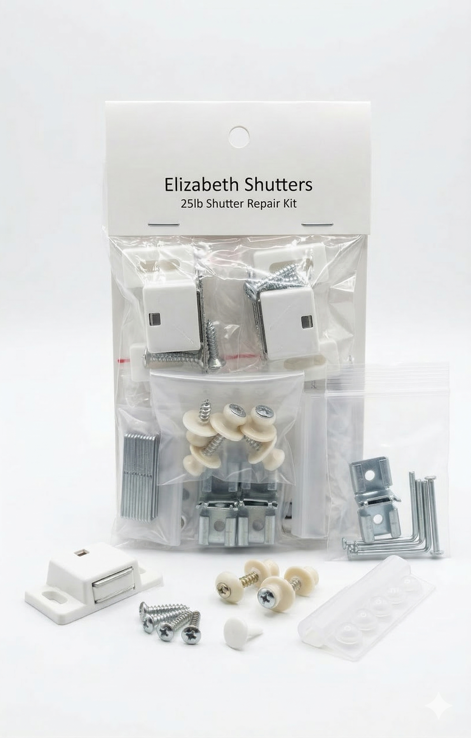 25 lb shutter repair kit with pins, clips, catches, staples, heavy-duty magnets, screws, and hinges