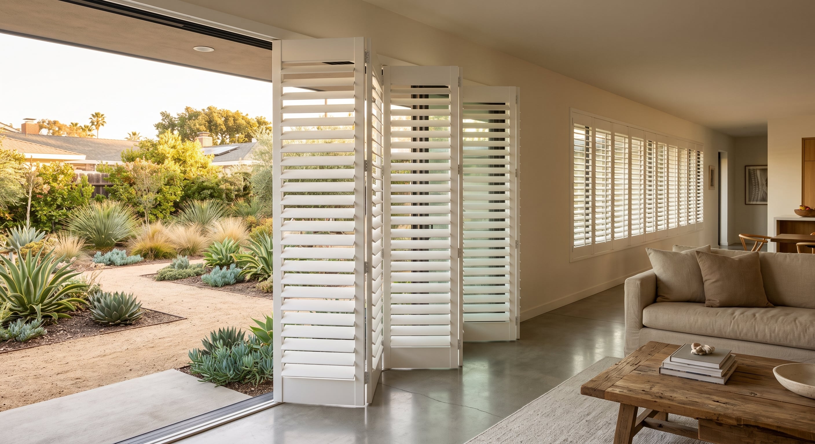 Custom whole basswood bifold shutter doors folding open in a California home by Elizabeth Shutters