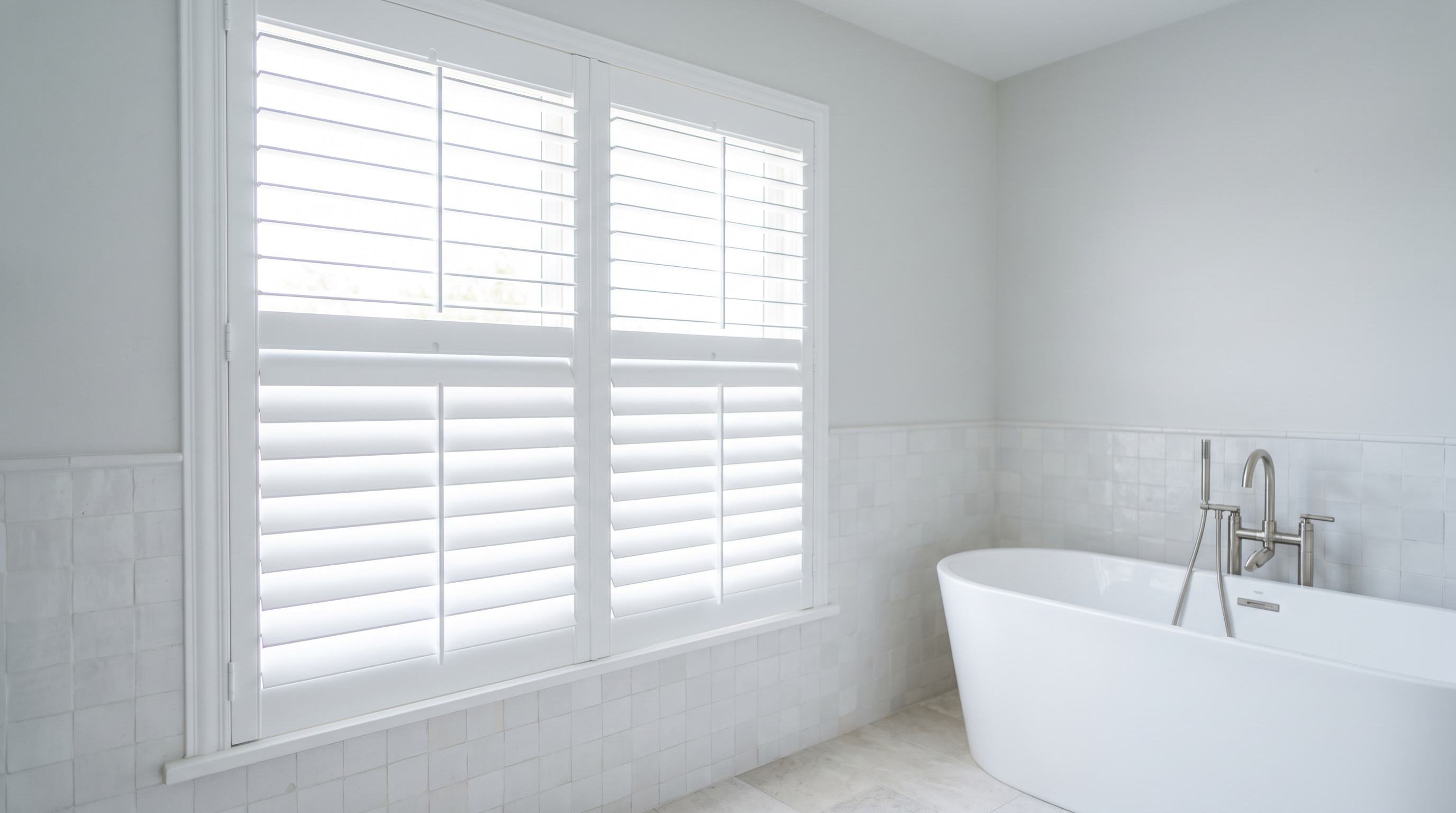 White whole basswood split rail shutters with independent top and bottom louver control by Elizabeth Shutters